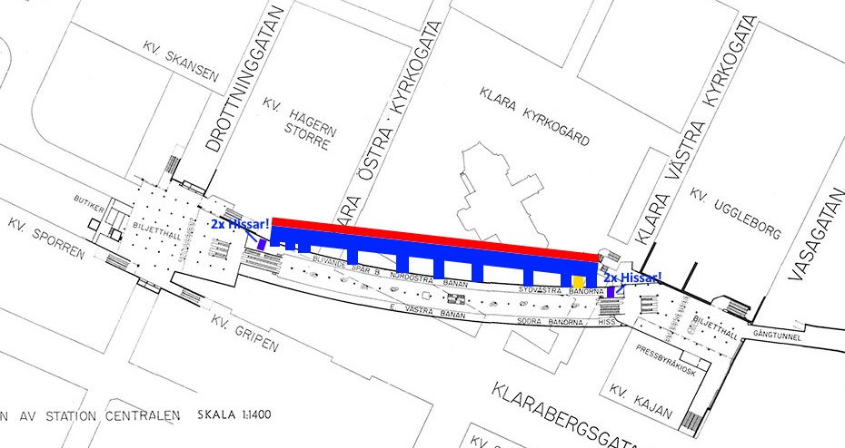 Röd = Spår! Blå = Platform och gångar! Gul = Trappa! Rosa = Nya hissar!