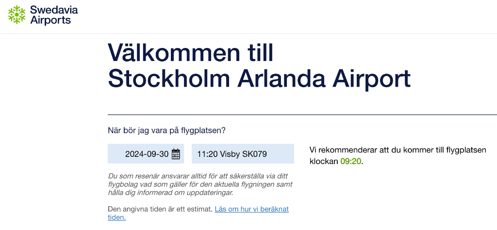 Skärmdump från Swedavias hemsida